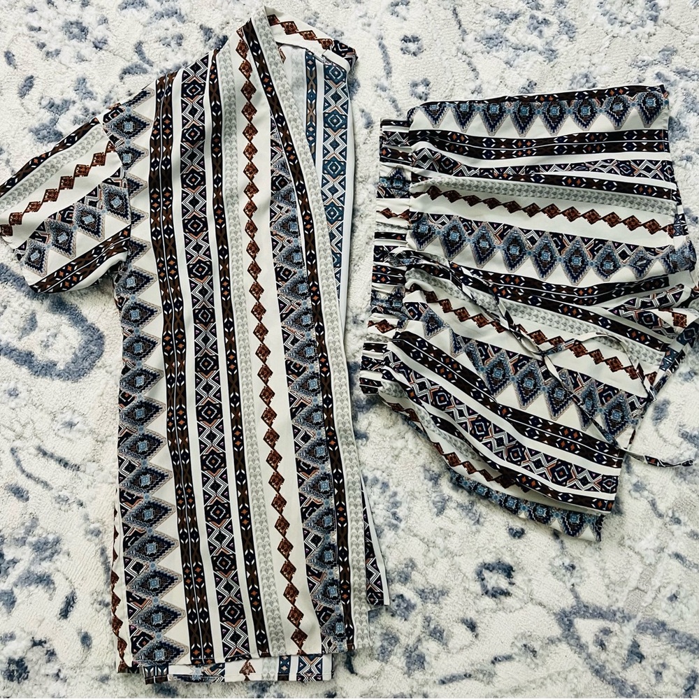 Striped Aztec Short-Sleeve Open Shirt and Shorts Set - Cream/Brown/Blue